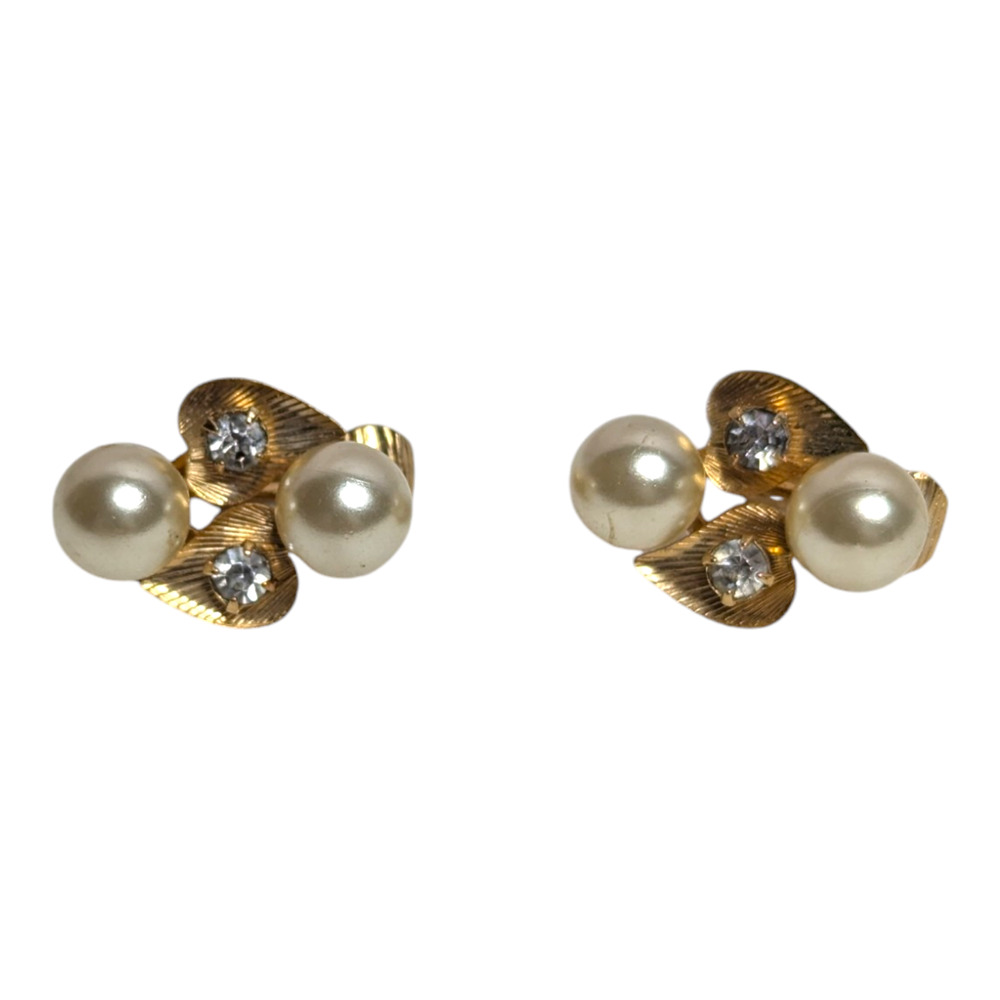 Dainty Gold Tone Metal & Pearl Cluster Clip On‎ Earrings 80s Vtg Womens Jewelry